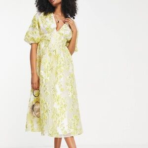 ASOS EDITION Yellow Jacquard Pleat Waist Midi Dress
